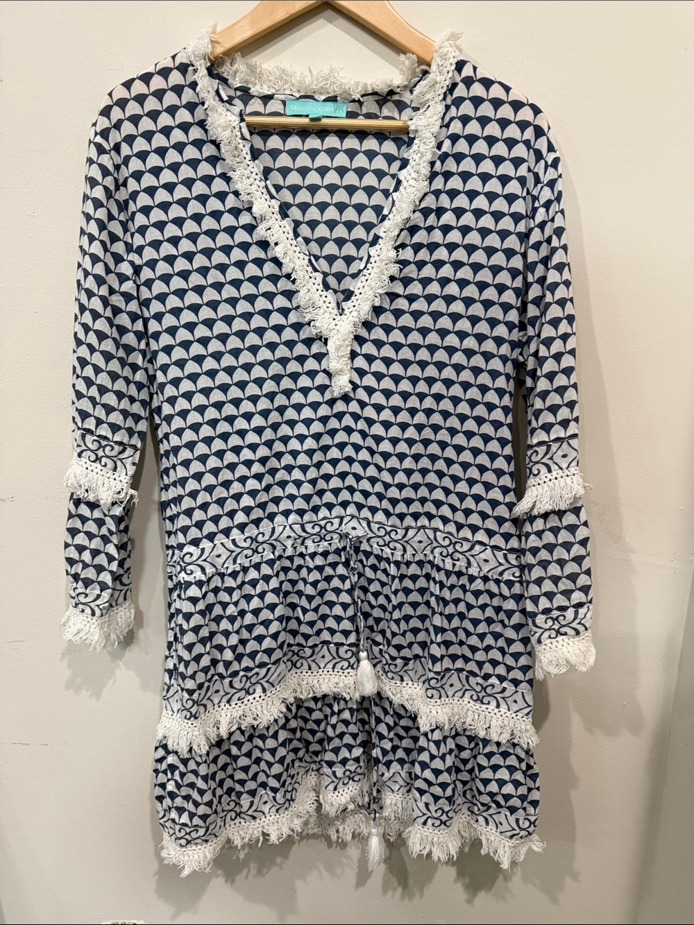 Melissa Odabash Navy and White V‑Neck Tassel Tiered Long Sleeve Dress